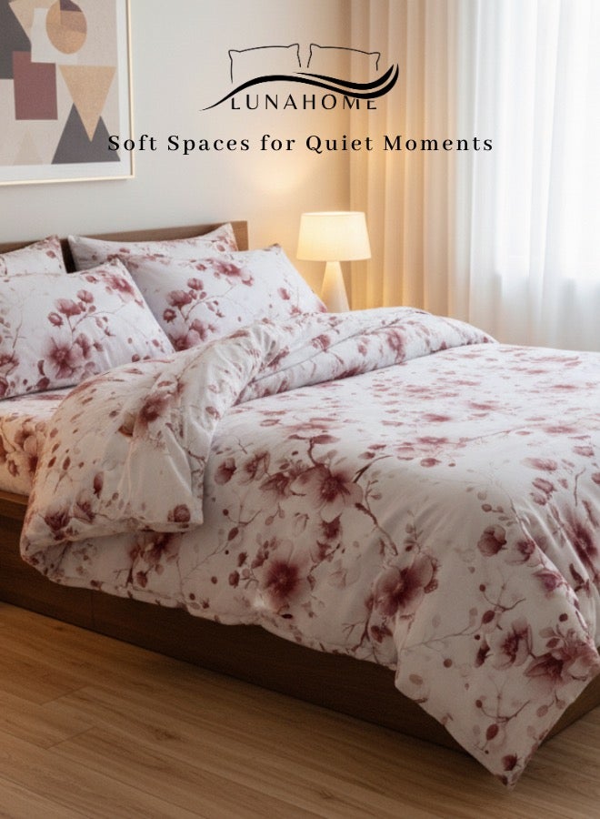 LUNA Home King size 6-piece set ( 1 Duvet cover - 220*240cm. 1 Fitted sheet - 200*200cm+30cm. 4 Pillow covers - 50*75cm.) This duvet cover set ( suitable for cover comforter same size. Bedding set featuring a Sakura Dusty Pink print on a white background. - Image 1